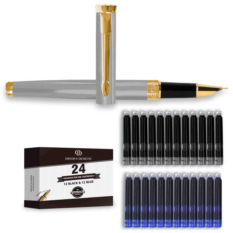 Dryden Designs Fine Nib Fountain Pen - Includes 24 Ink Cartridges - 12 Black and 12 Blue - Silver - Smooth Elegant Writing with Fine Nib and Ink Converters - Image 1